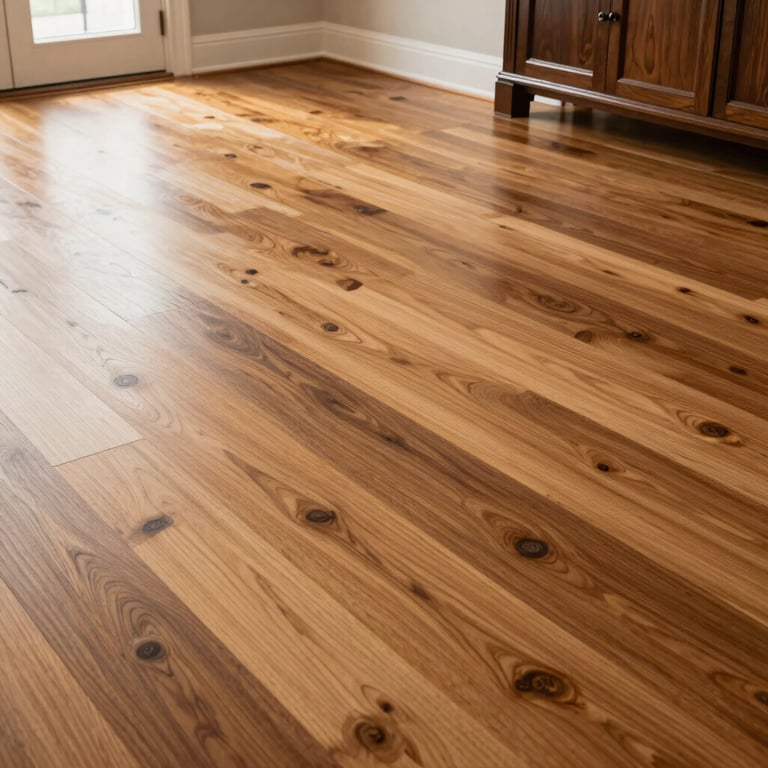 Polished hardwood floors being finished in a spacious living room, North American style.