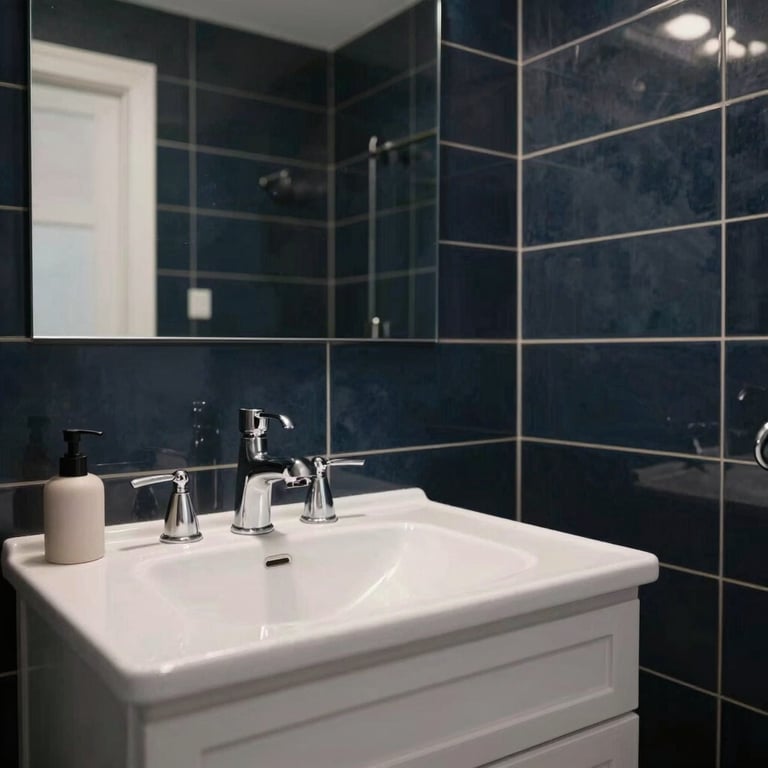 Modern bathroom renovation with dark navy tiles and elegant white fixtures in a North American house.
