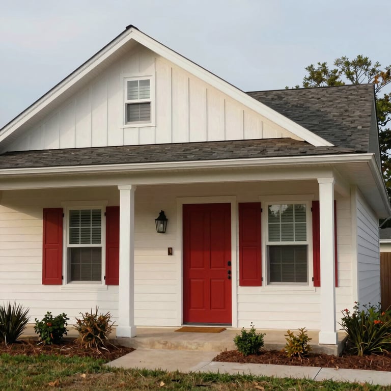 Freshly painted exterior of a Texas home featuring red and off-white accents for a classic look.