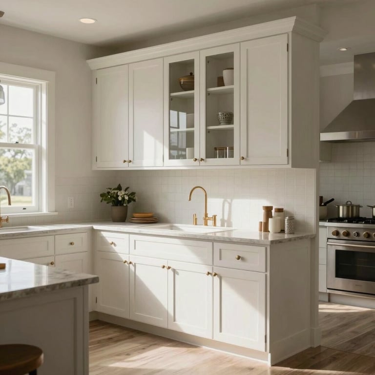 Expertly installed custom kitchen cabinets in a bright Texas residence with natural lighting.