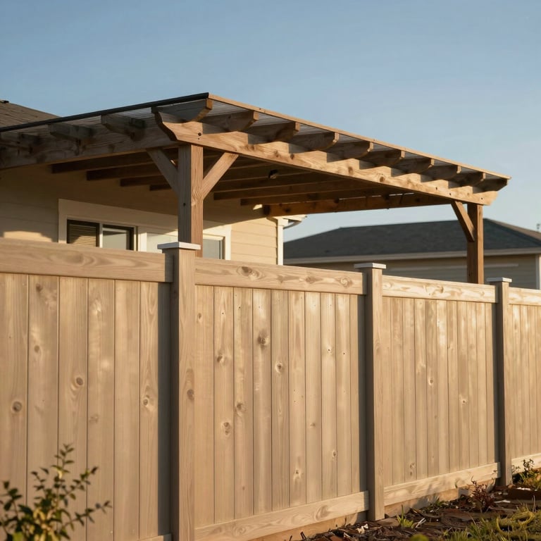 A sturdy residential fence and custom wooden pergola under the clear Texas sky.