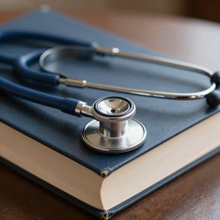 Close-up of a stethoscope lying across thick legal law books in a professional office, symbolizing the intersection of medicine and law.