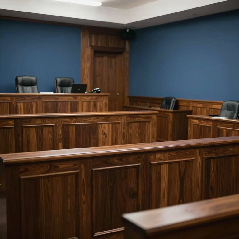A formal Latin American courtroom interior, empty and quiet, featuring dark wood and slate blue accents, representing authority and law.