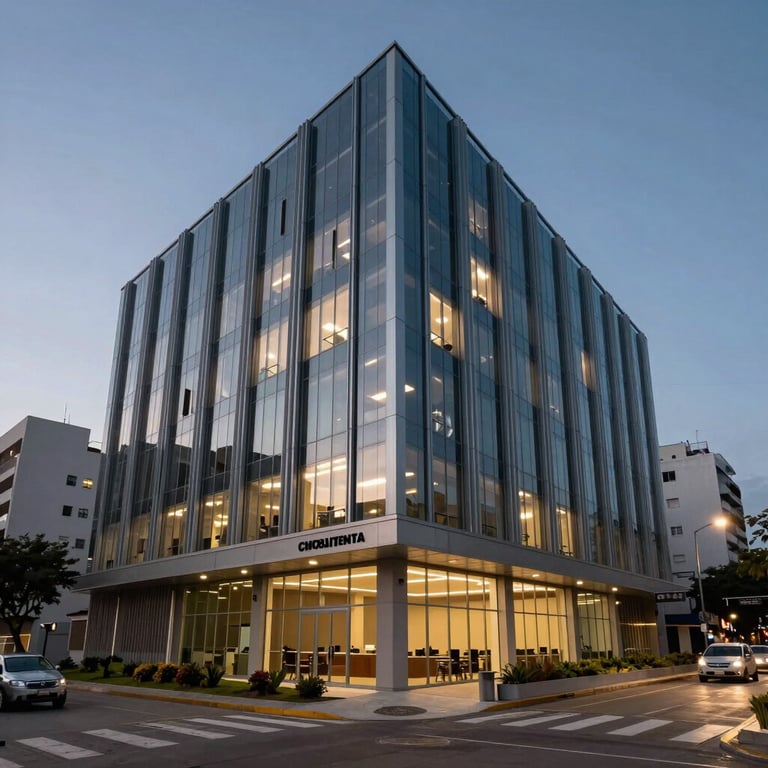 A wide shot of a modern, professional law office in a Latin American city at dusk, with lights showing a commitment to tireless work.
