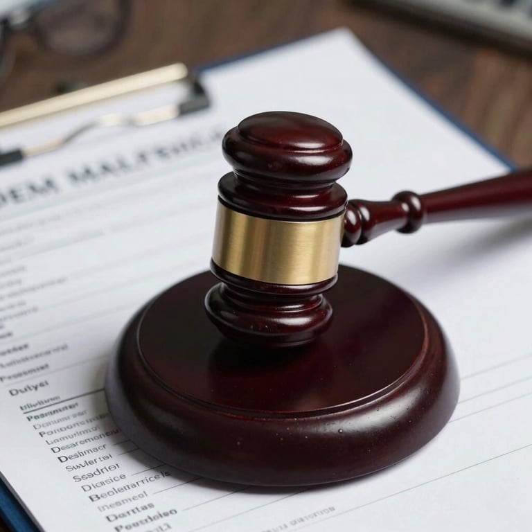 A wooden gavel resting on a medical record file, symbolizing justice in cases of medical malpractice.
