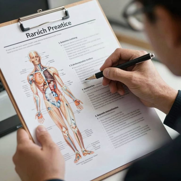 A focused professional reviewing an anatomical chart and legal precedents, highlighting meticulous attention to technical detail.