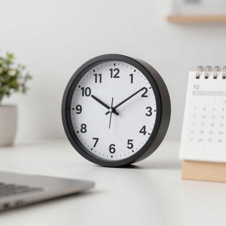 A minimalist clock and calendar on a desk, representing timely statutory filings and meticulous attention to deadlines.