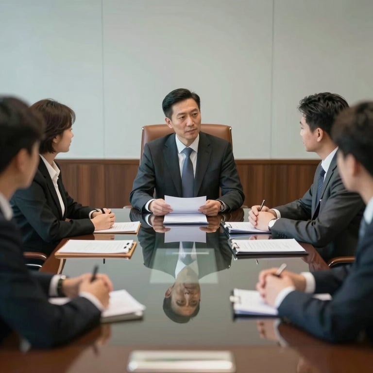 A formal boardroom setting with leather chairs and a glass table, showing a successful corporate negotiation atmosphere.