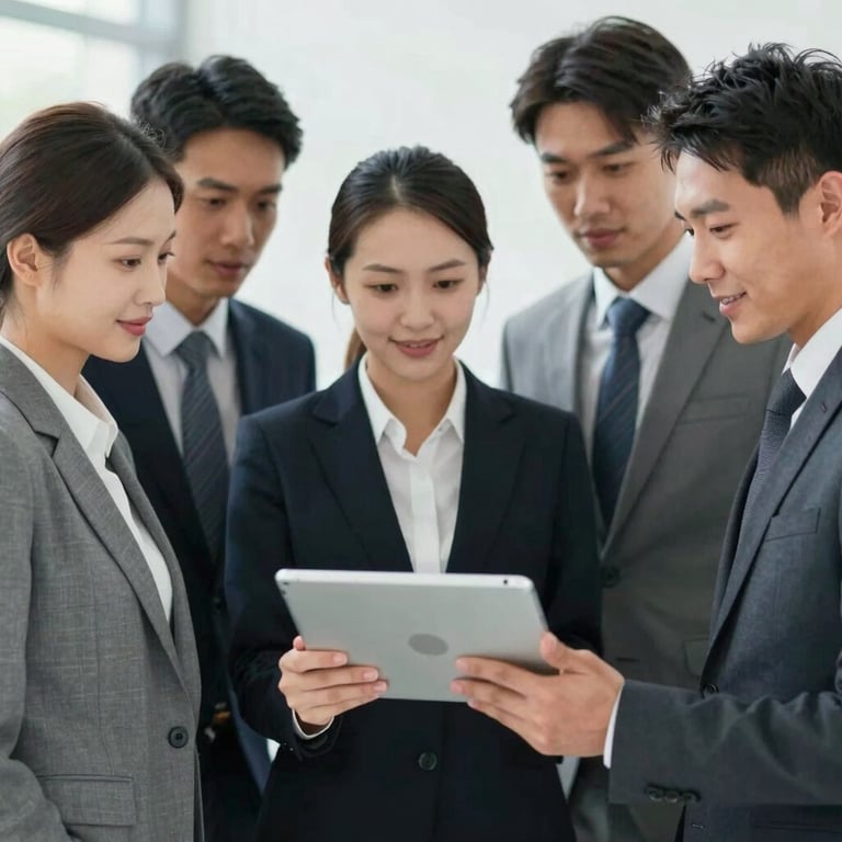 A group of diverse professionals in business attire collaborating around a tablet, showing team expertise and modern efficiency.