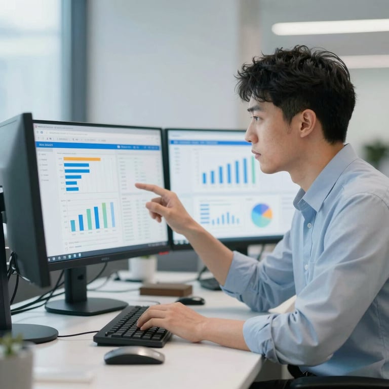 A focused professional CA analyzing complex financial data on a dual-monitor setup in a clean, modern office with corporate blue lighting.