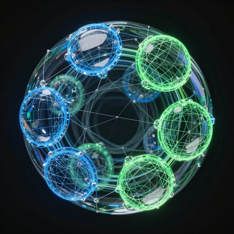 Abstract 3D geometric wireframe of interconnected glass spheres glowing with cyber blue and electric green rim highlights, dark background, technical schematic style.