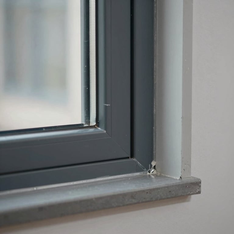 Detail of finishing work on a window frame integrated into a new facade, showing impeccable sealing and finish.