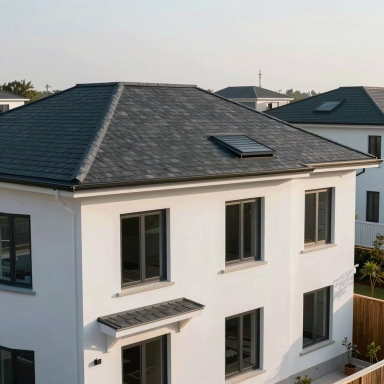 A wide shot of a completed residential project with new roofing and a clean white crépi facade under soft sunlight.