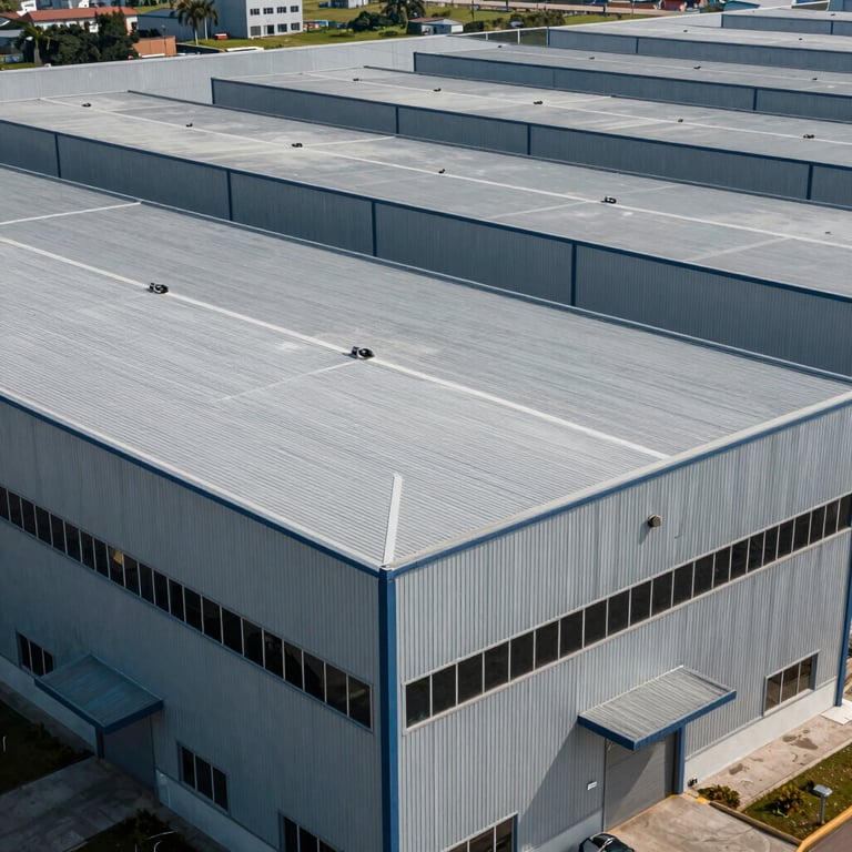 A perspective view of a large commercial building with specialized industrial roofing and metallic siding.