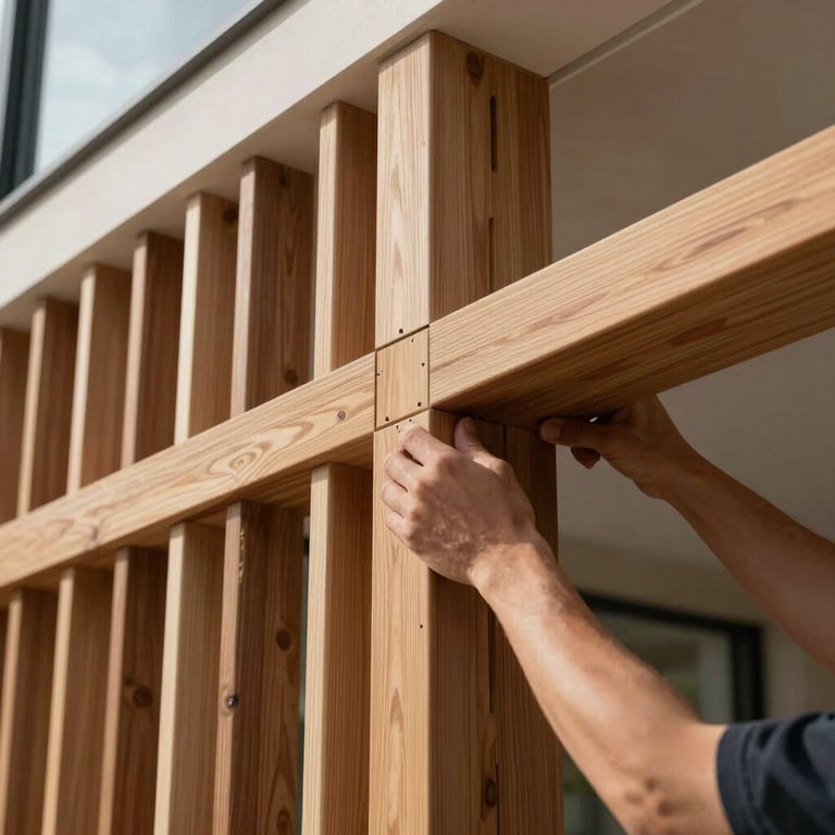 An artisan installing high-end wooden bardage on a modern villa, focusing on the precision of the wood joints.