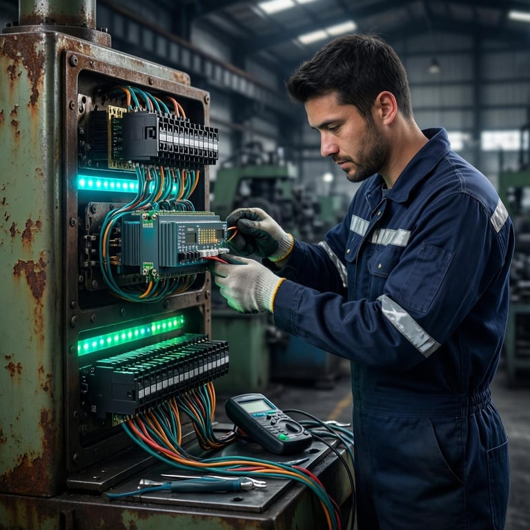 فني مختص يقوم بصيانة وتحديث نظام كهربائي صناعي مزود بعناصر Relay و Control Panel