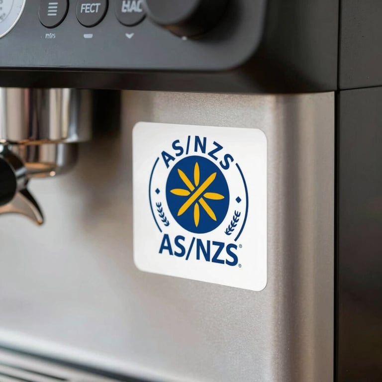 Close up of an official AS/NZS compliance sticker on a high-end coffee machine, sleek and professional.