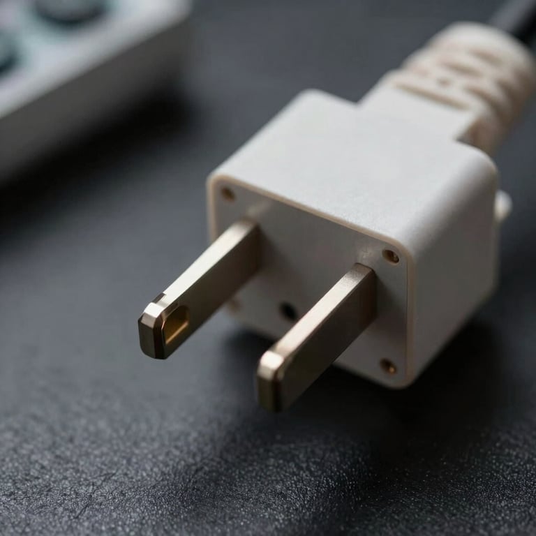 Macro shot of an electrical plug being tested by professional equipment, dark and cinematic background.