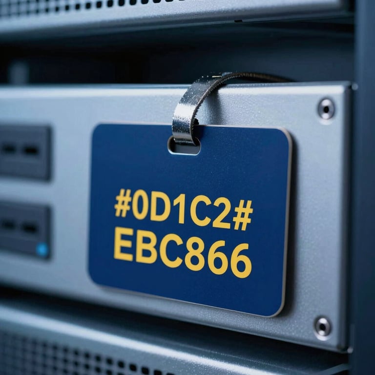 A sharp, detailed shot of a compliance tag on a silver server rack, cool blue lighting #0D1C2B with yellow #EBC86F text.