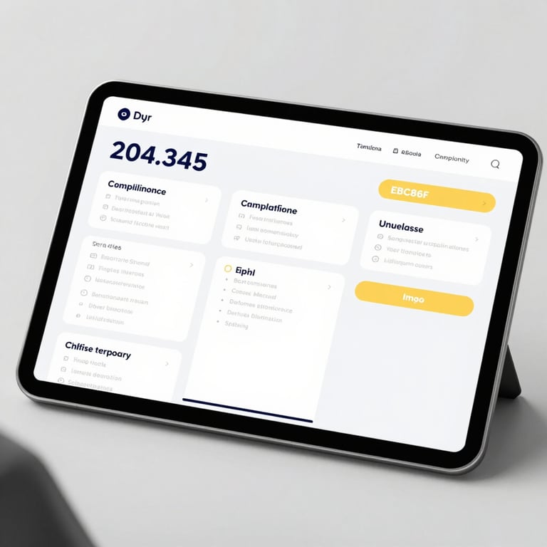 Digital reporting tablet showing a clean compliance dashboard, minimalist UI, brand colors #2D3A4B and #EBC86F.