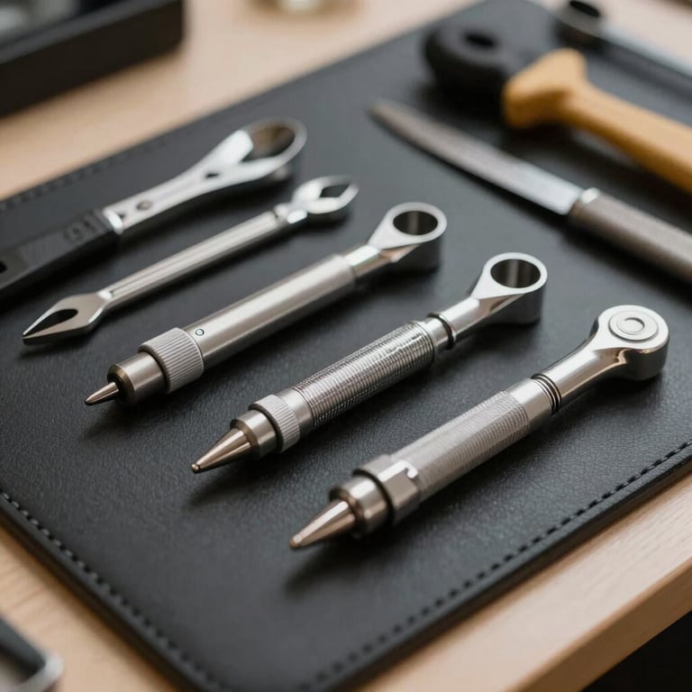 Precision tools neatly organized on a black leather mat, illustrating a professional, no-nonsense approach.