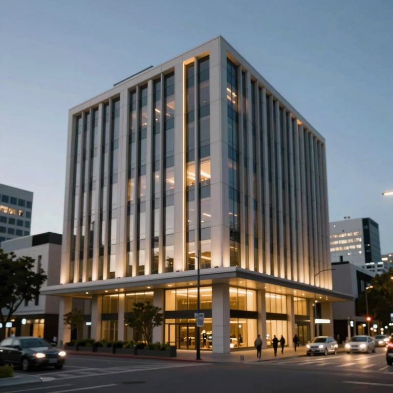 A modern commercial building exterior in Wellington at dusk, glowing with high-end architectural lighting.