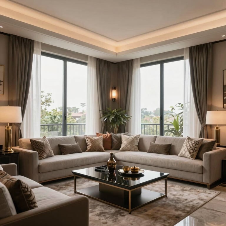 A luxury residential apartment interior in Noida with modern South Asian decor and large windows.