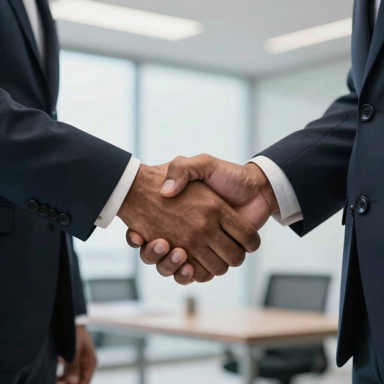Close-up of a professional handshake between South Asian business partners in a bright office.