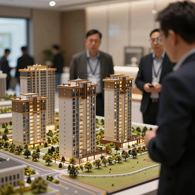 An architectural scale model of a new residential development being viewed by a consultant.