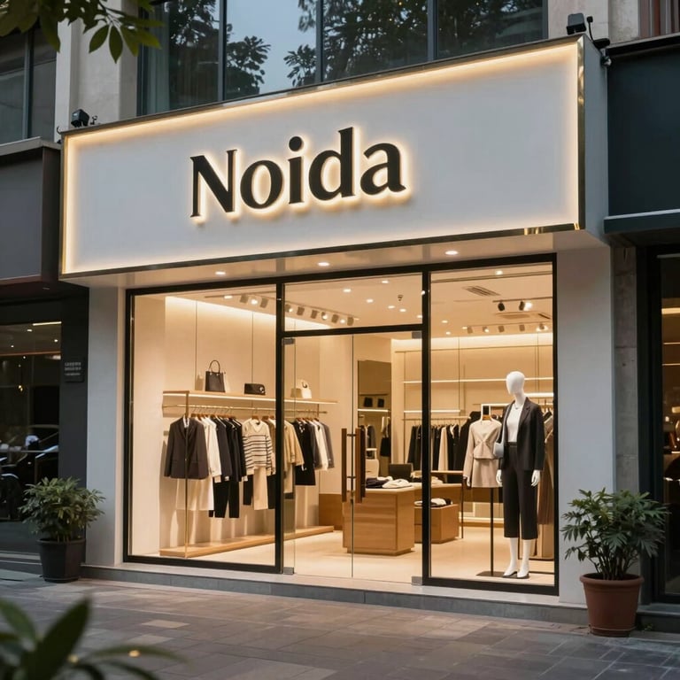 A modern retail storefront in a high-end commercial district of Noida.