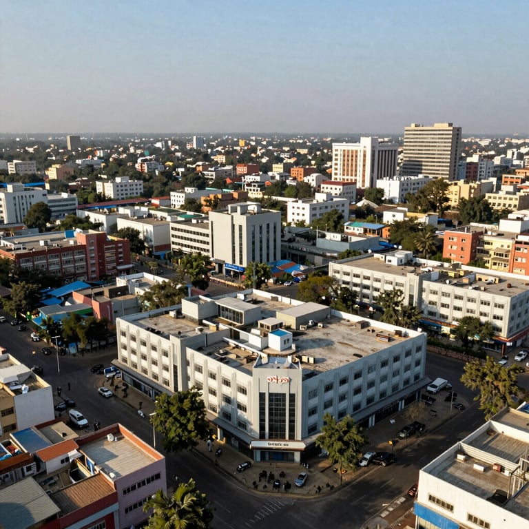 A wide shot of a bustling commercial business park in Noida during the daytime.