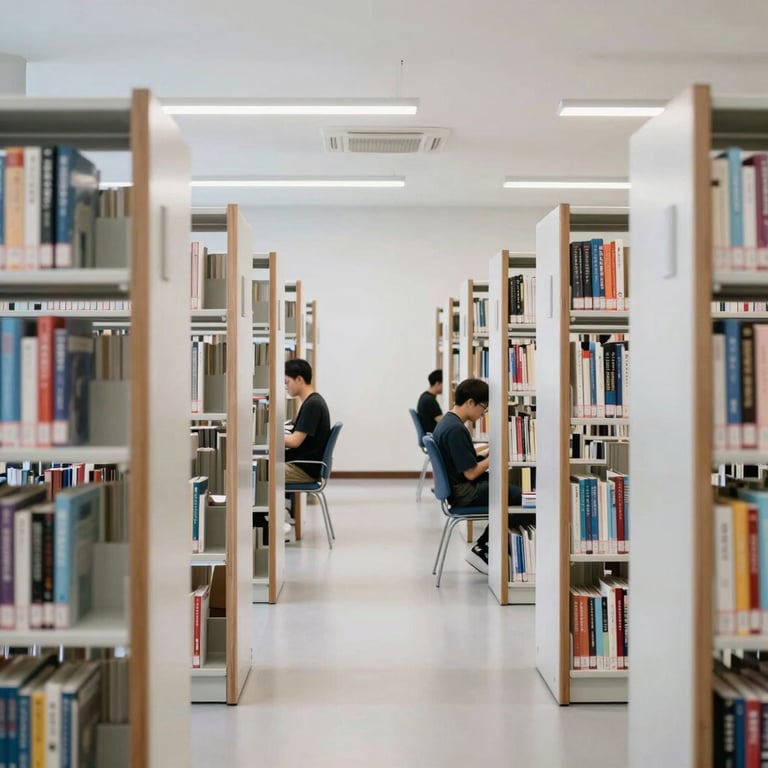 A minimalist university library with clean white shelves and students focused on their studies.