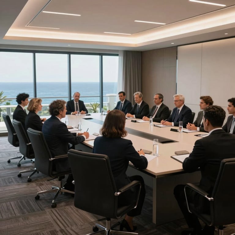 A business seminar held in a sleek conference room with a view of the Mediterranean sea.