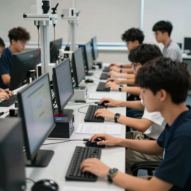 Students engaged in a technology workshop using advanced computer equipment in a professional lab.