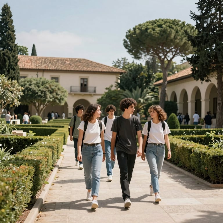 A group of students walking through a sunlit campus courtyard with manicured Mediterranean landscaping.