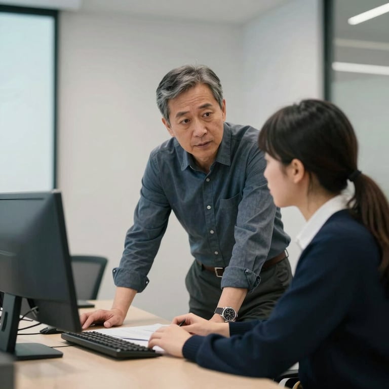 A professor mentoring a student in a private, modern office setting with a minimal design.