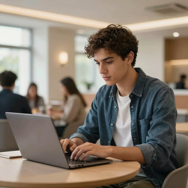 An international student using a laptop in a bright, modern campus lounge with subtle gold accents.