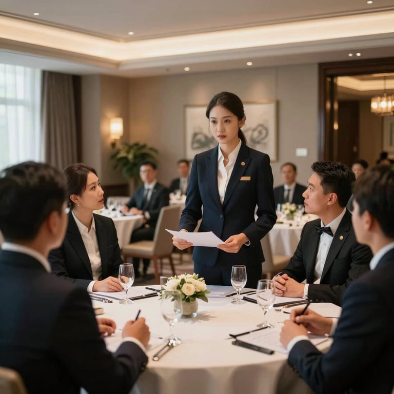 A premium hospitality management training session in a luxury hotel setting, elegant and professional atmosphere.