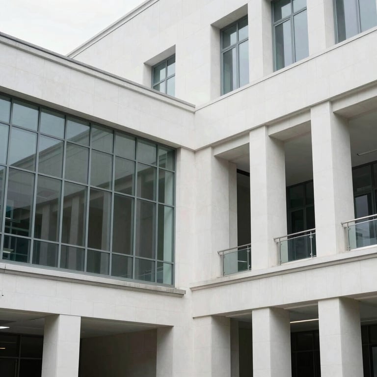 Architectural detail of the institute's campus showing clean white stone and elegant glass facades.