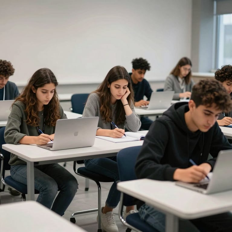 Cypriot / Mediterranean International students collaborating in a high-tech modern classroom with dark navy chairs and white desks.