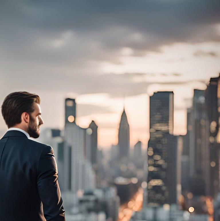 a man in a suit and tie standing on a balcony