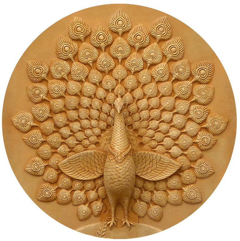 a decorative wall hanging fibreglass 3D mural of a peacock in Indian style