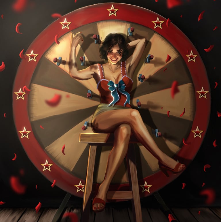 illustration cirque vintage roue des couteaux femme