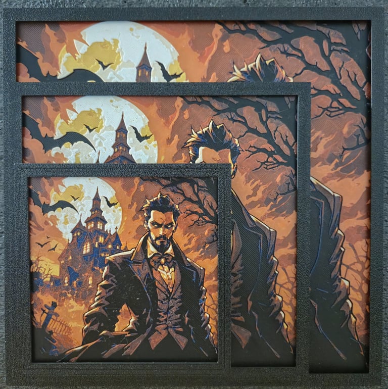3D printed art panel of Dracula and his gothic castle, available in three different sizes