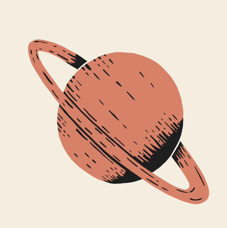 an illustration of a red planet with rings in a hand-drawn, vintage style