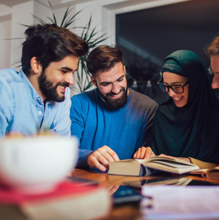 Group of students of diverse ethnic learning at home. Learning and preparing for university exam, se