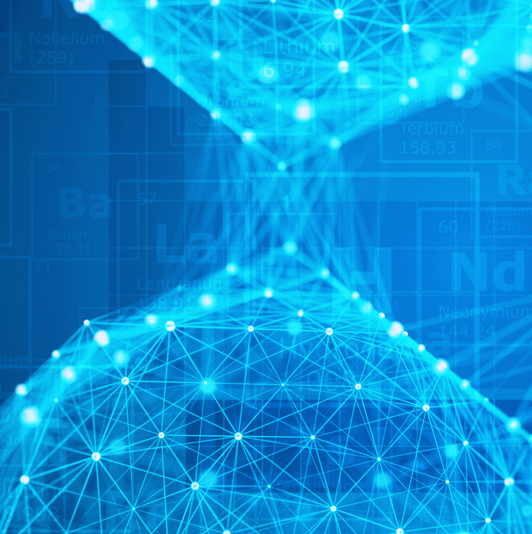 Blue lattices over periodic-table backdrop—visualizing high-entropy alloy design space.