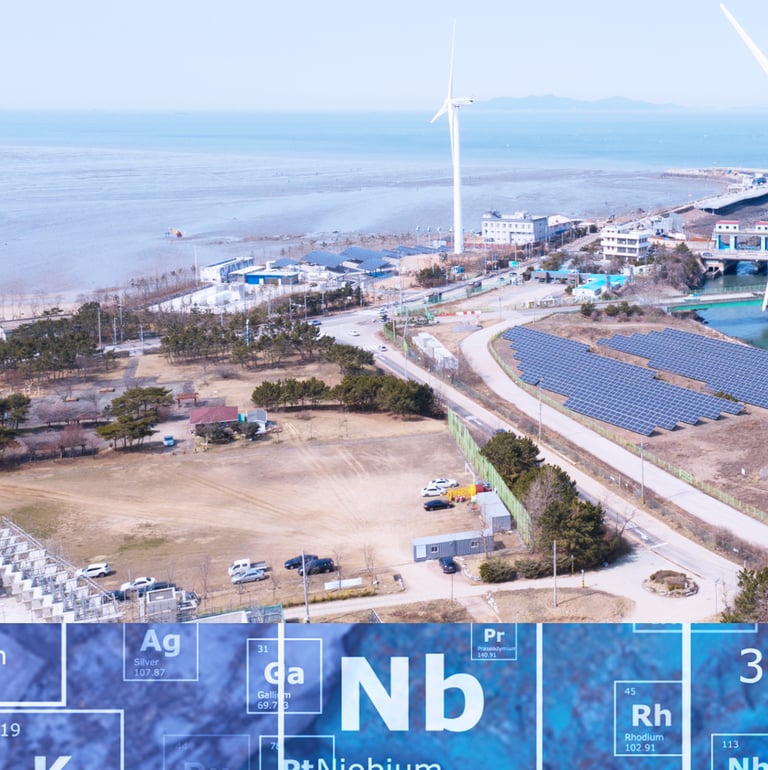 Aerial coastline with wind farm overlaid by periodic-table—concept visual for rare-earth separation.