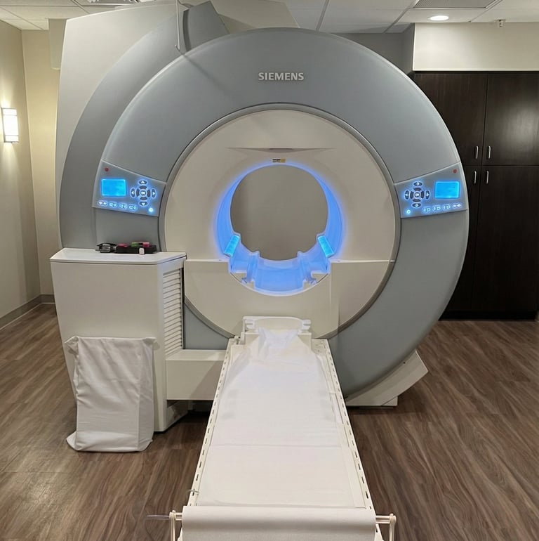 Siemens MRI machine used for brain, spine, and neurological imaging in a clinical exam room.