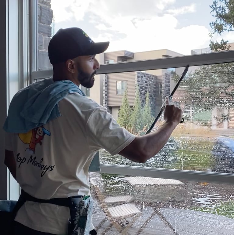 Mop Monkey technician cleaning interior window in Calgary with mop and squeegee 